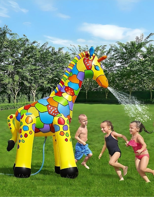 A child running through the water stream from the Bestway Jumbo Giraffe sprinkler.